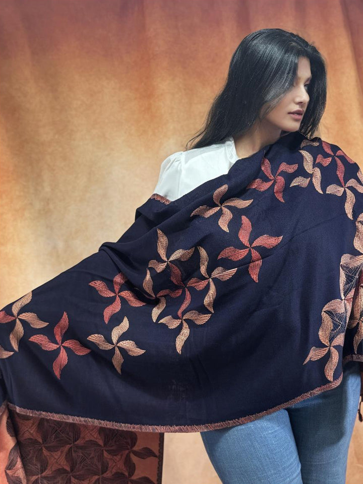 Navy Kashmiri Jamawar Reversible Woven Wool Stole