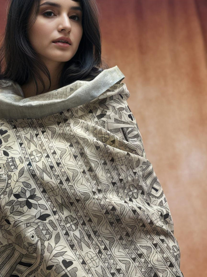 Ivory Cotton Handloom w/ Madhubani Hand Block Print