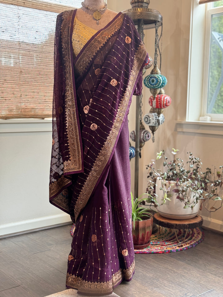 Wine Chiffon with Zardosi Embroidery
