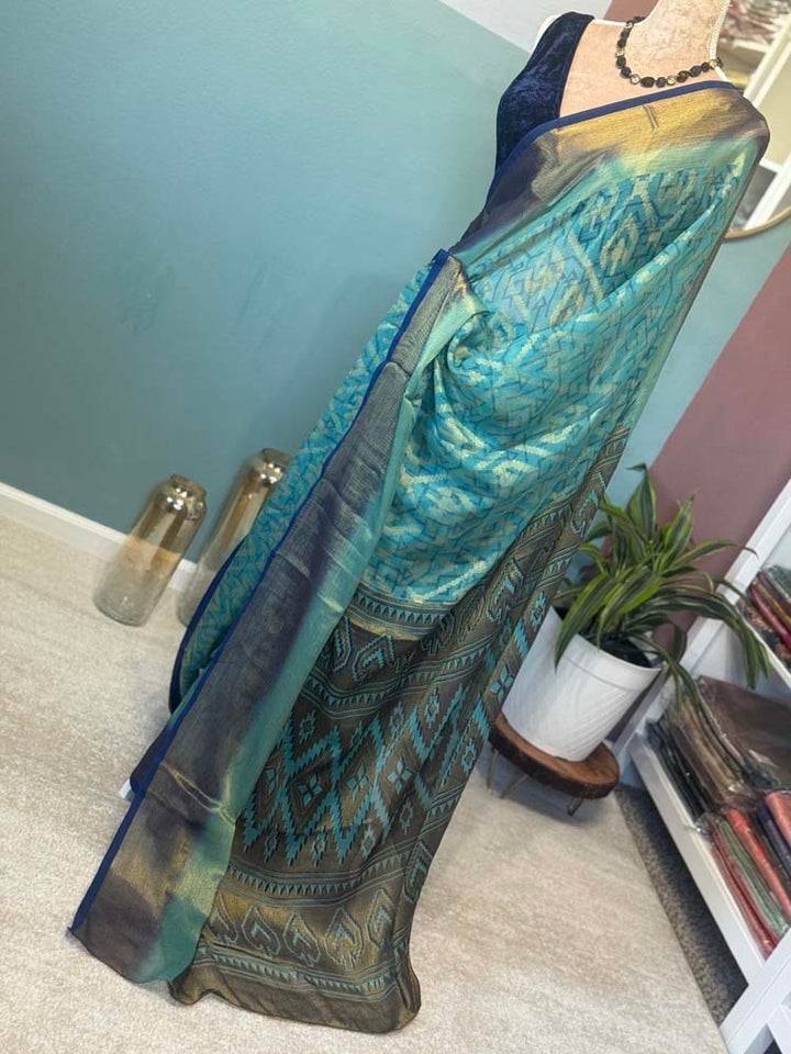 Blue Antique Gold Brasso Saree