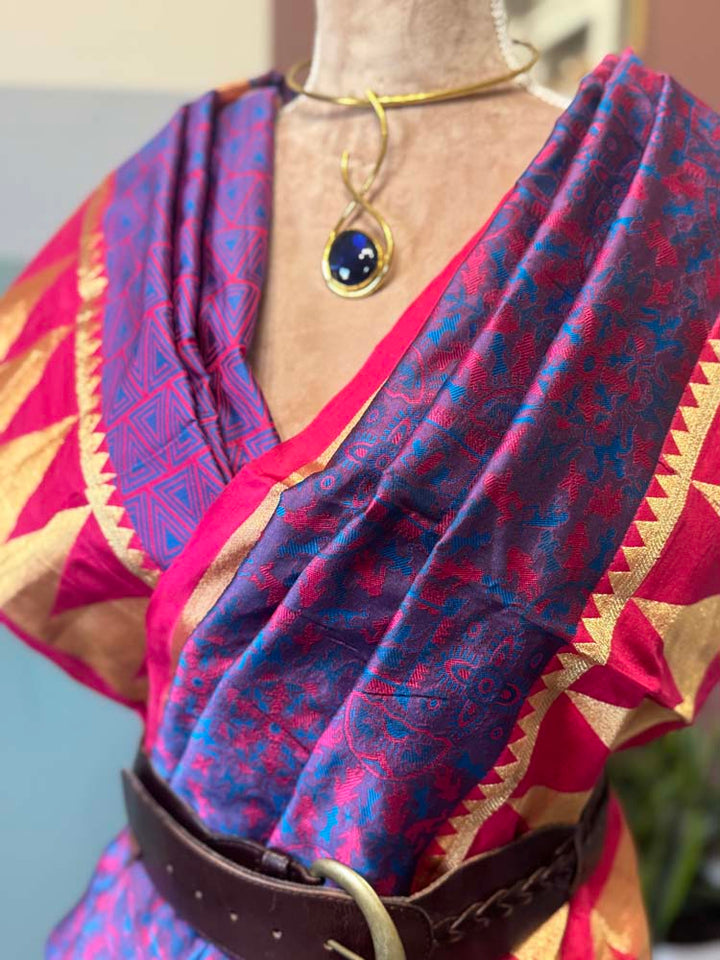 Pink and Purple Abstract Design Woven Silk Saree
