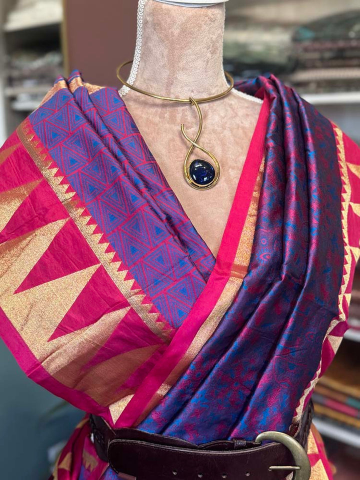 Pink and Purple Abstract Design Woven Silk Saree