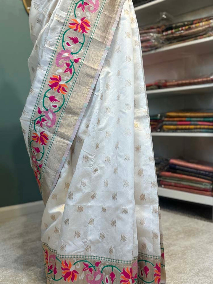 Cream Banarasi Silk Saree with Paithani border