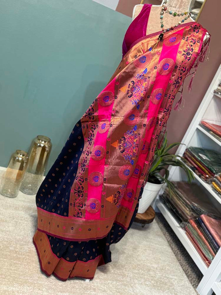 Navy Blue Pink Silk Saree with Paithani Border