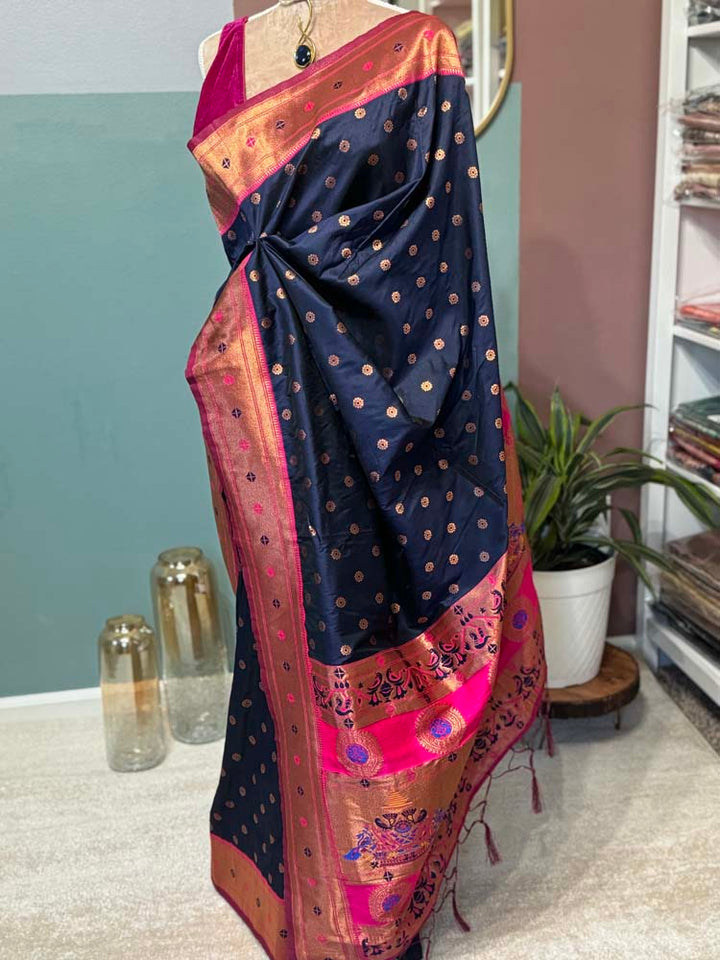 Navy Blue Pink Silk Saree with Paithani Border