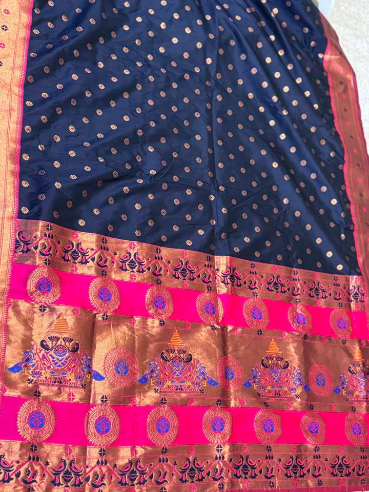 Navy Blue Pink Silk Saree with Paithani Border