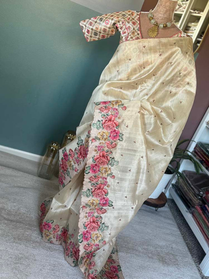 Off-white Hand painted Pure Tussar Silk