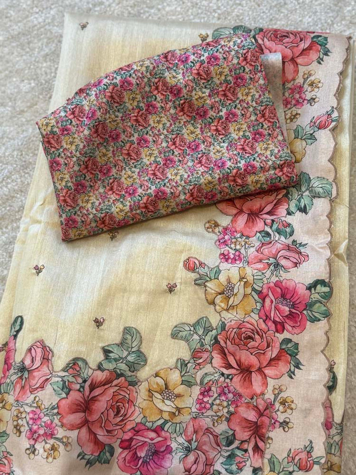 Off-white Hand painted Pure Tussar Silk