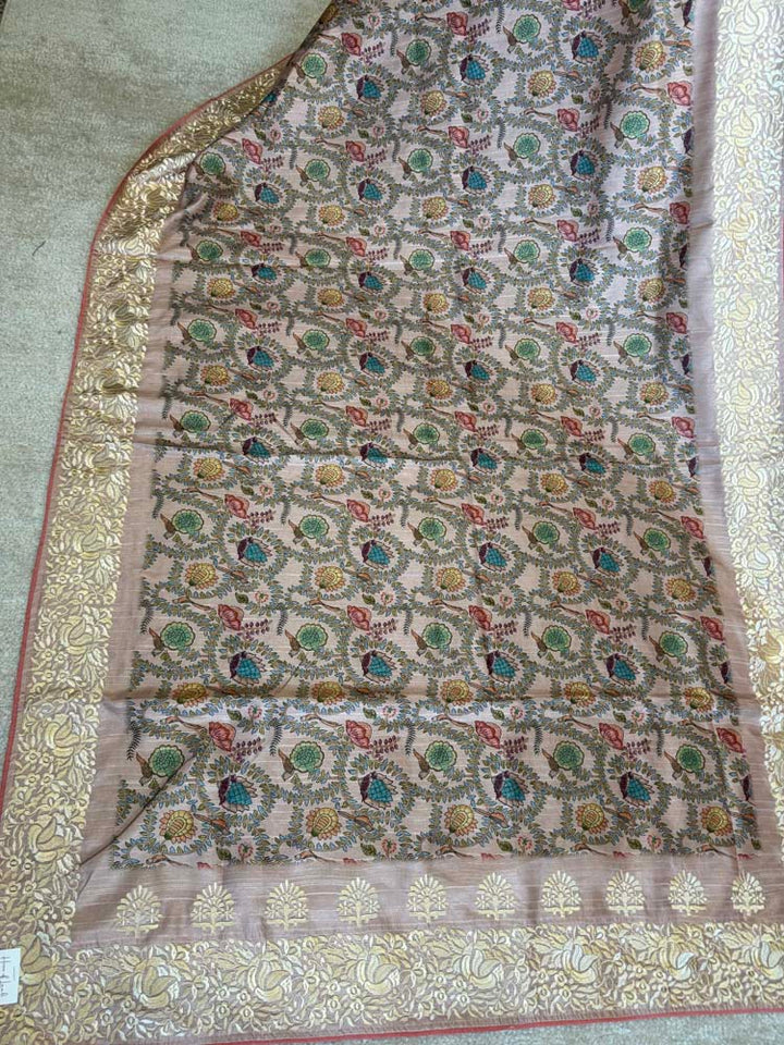 Light Pink Pure Tussar Silk Saree with Parsi Gara Embroidery
