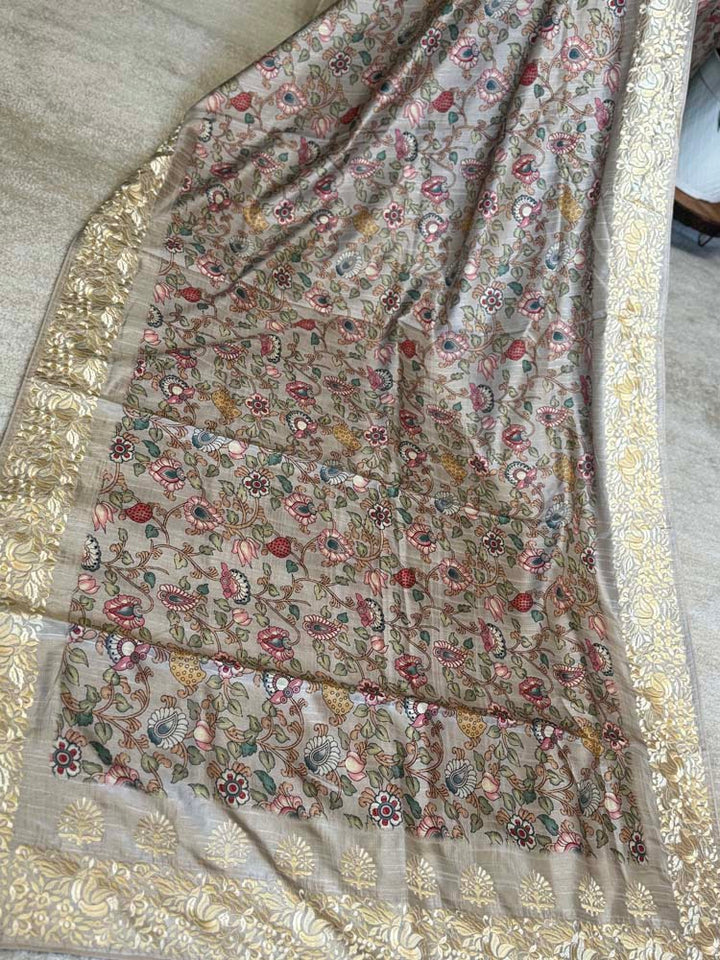 Grey Pure Tussar Silk Saree with Parsi Gara Embroidery