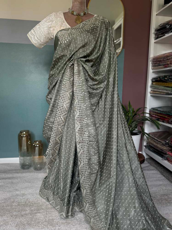 Sage Green Bapta Silk Saree with Cutwork Embroidery