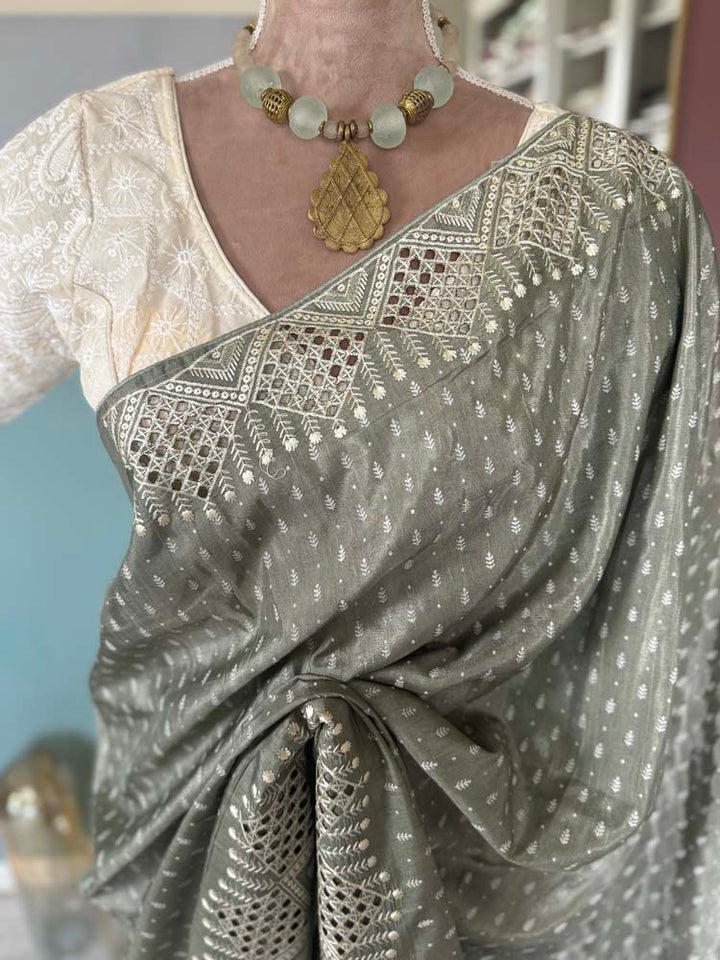 Sage Green Bapta Silk Saree with Cutwork Embroidery
