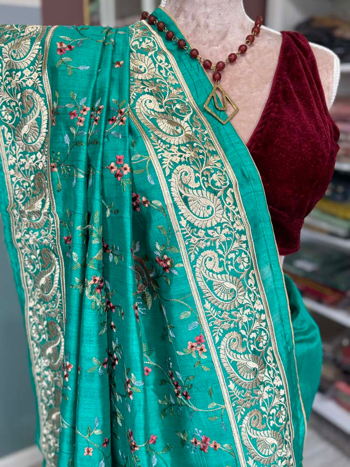 Green Pure Tussar Silk Saree with embroidery