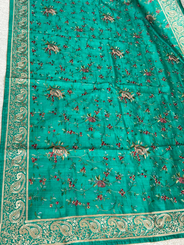 Green Pure Tussar Silk Saree with embroidery