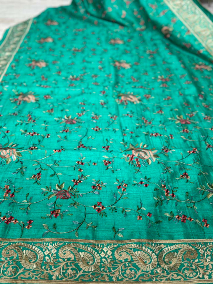 Green Pure Tussar Silk Saree with embroidery