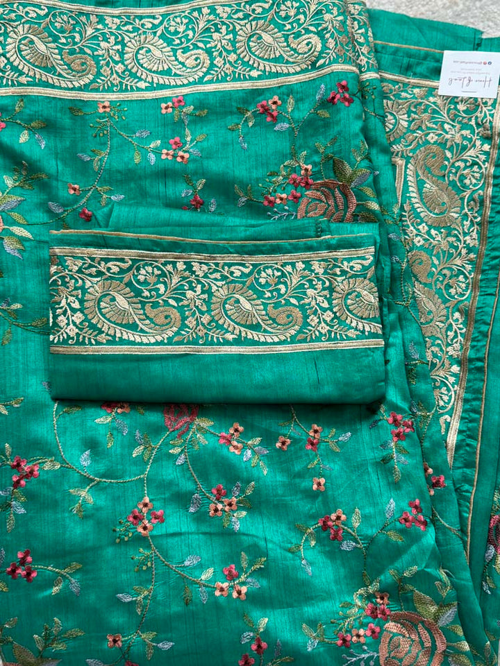 Green Pure Tussar Silk Saree with embroidery