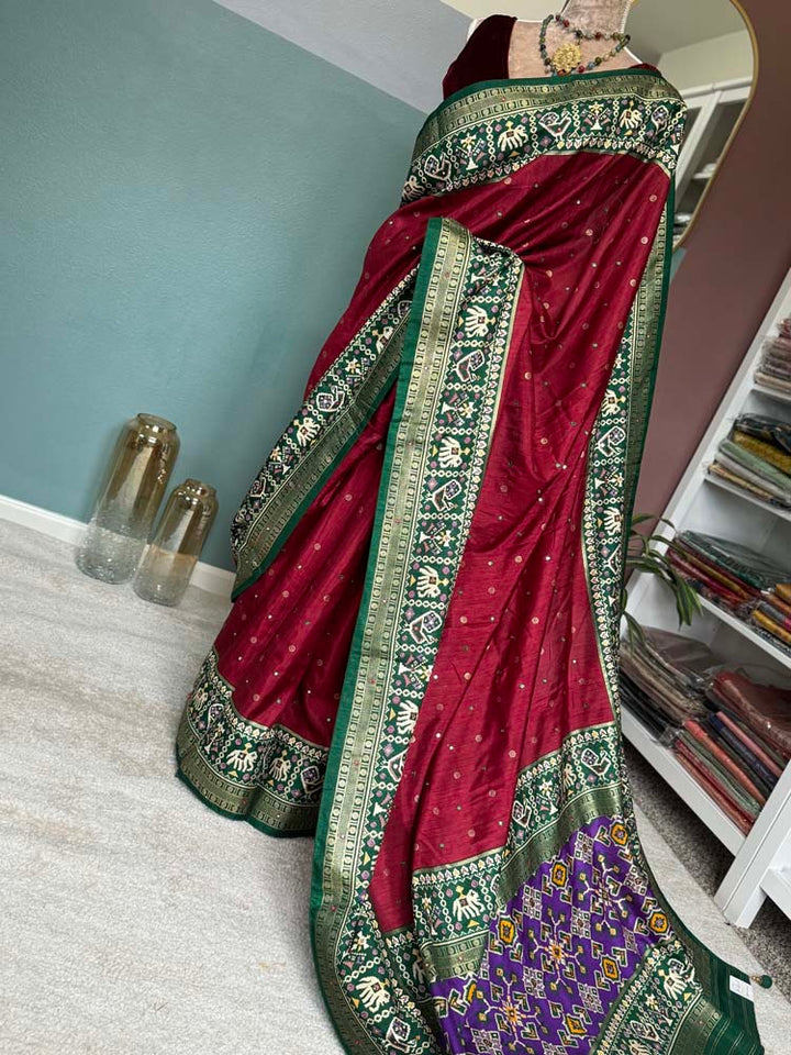 Maroon with Purple Pure Patola with mirror work embroidery