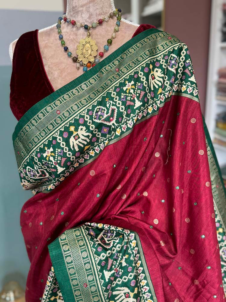 Maroon with Purple Pure Patola with mirror work embroidery