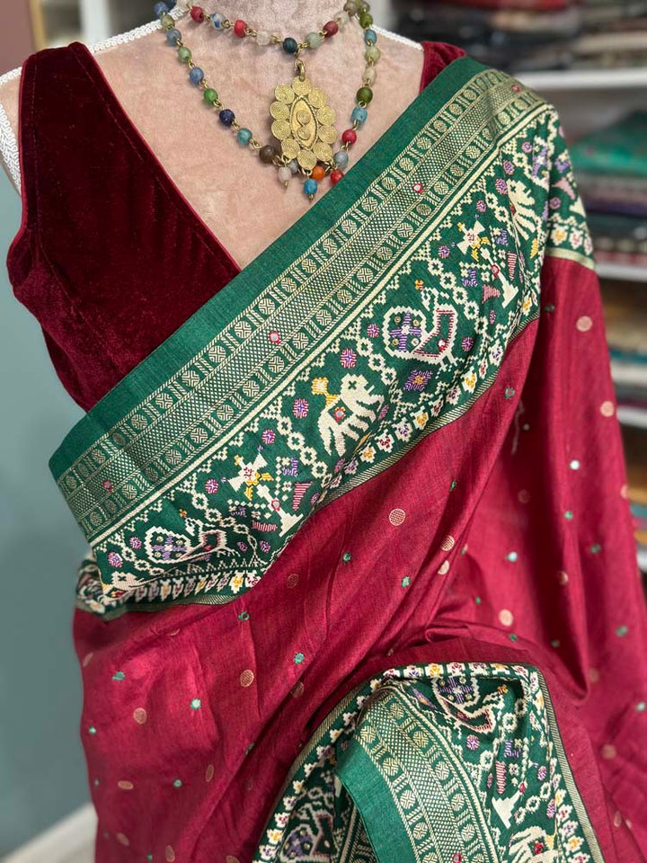 Maroon with Purple Pure Patola with mirror work embroidery