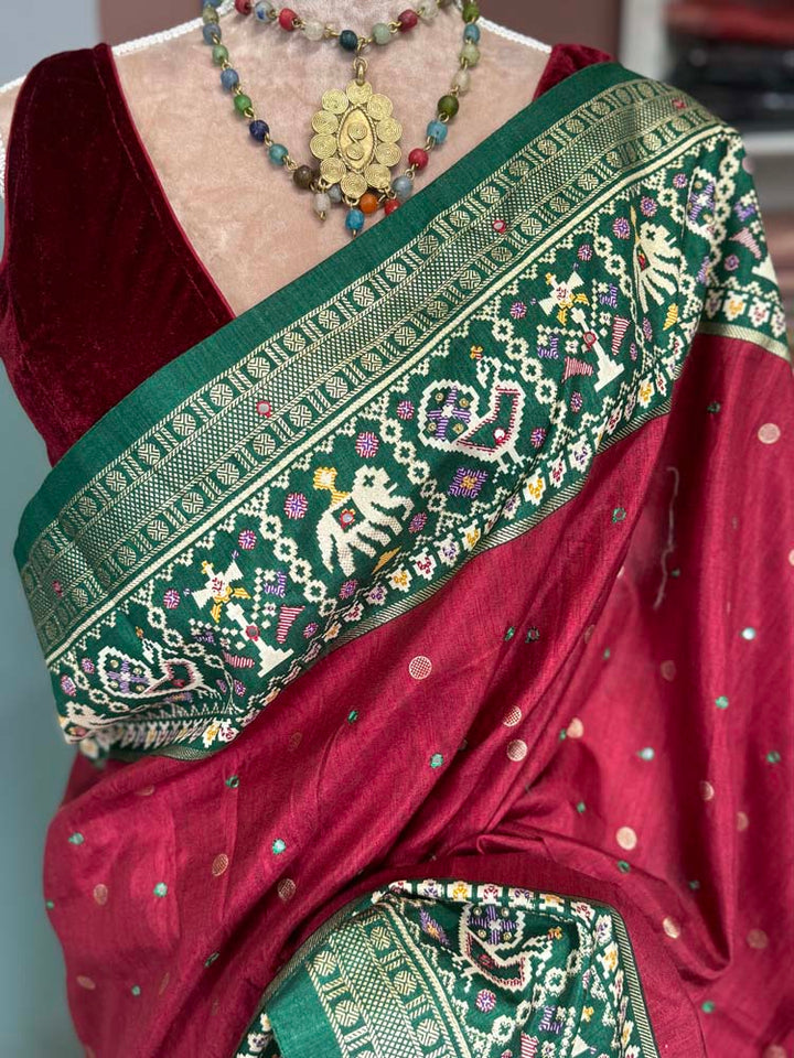 Maroon with Purple Pure Patola with mirror work embroidery