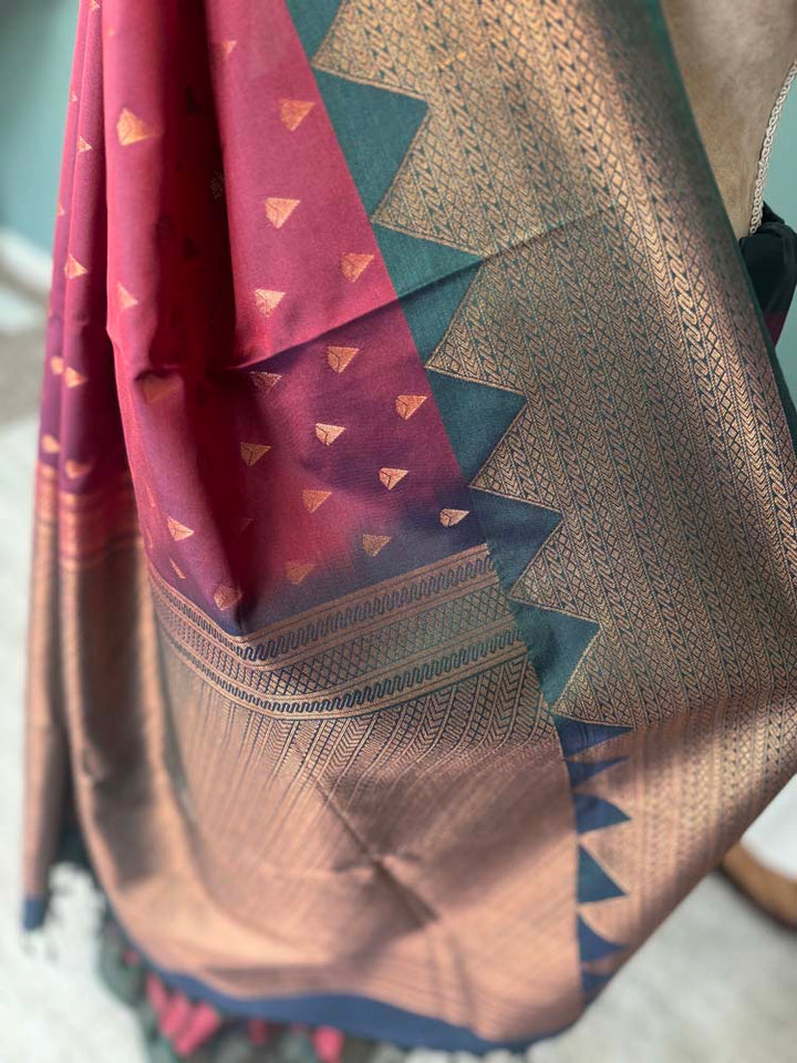 Maroon Green Banarasi Soft Pure Silk Saree