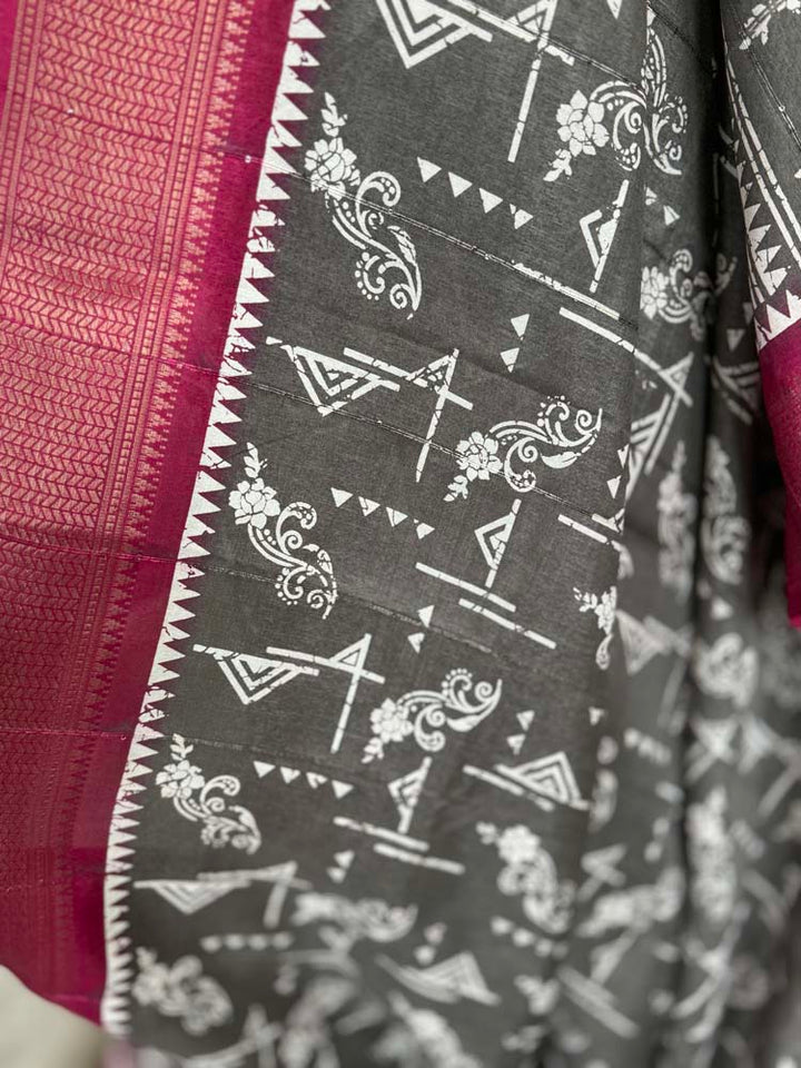 Grey Printed Soft Silk Saree