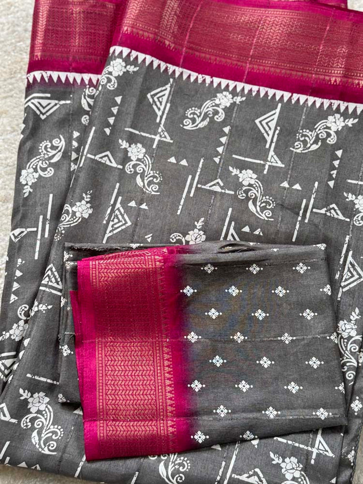 Grey Printed Soft Silk Saree