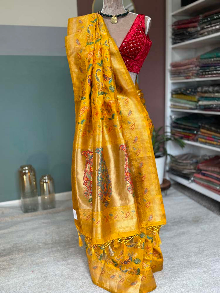 Yellow Kashmiri Kani Weave Silk Saree