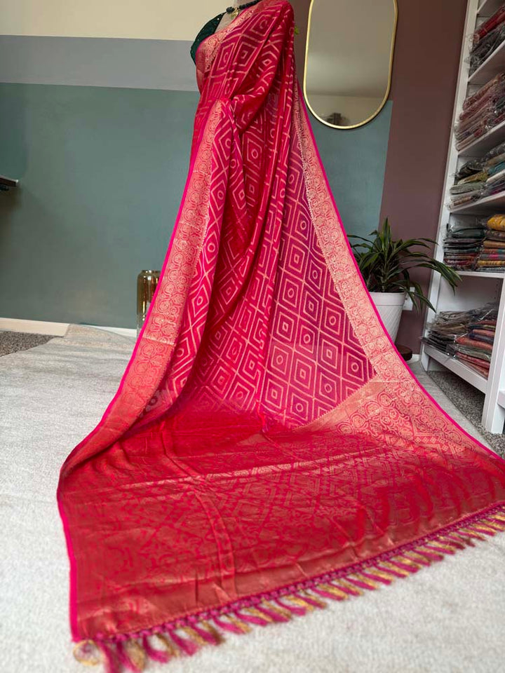 Pink & Gold Woven Georgette Saree