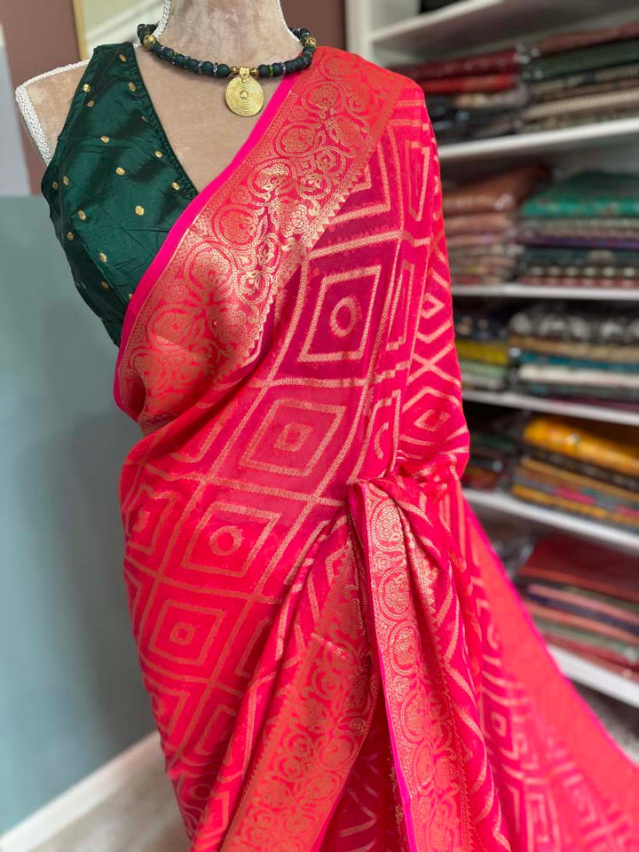 Pink & Gold Woven Georgette Saree