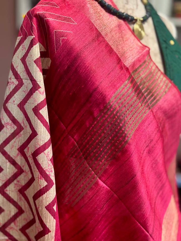Pink & Off-White Tussar Silk Saree
