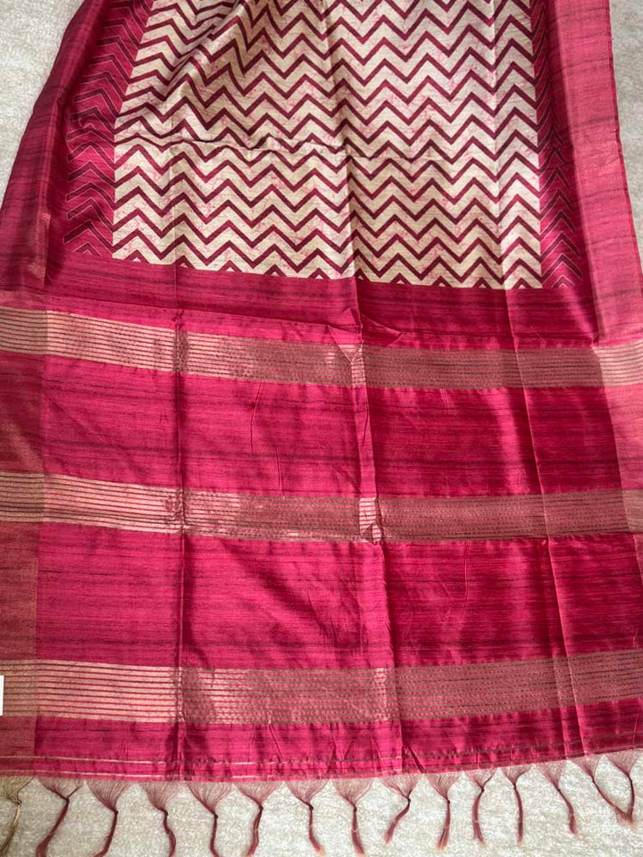 Pink & Off-White Tussar Silk Saree