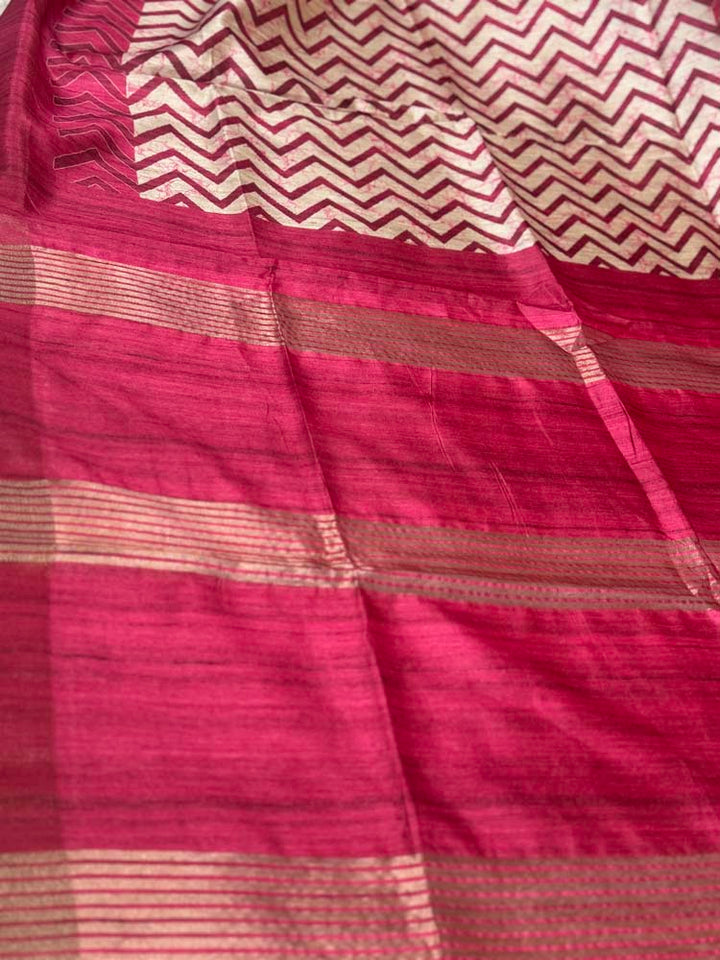 Pink & Off-White Tussar Silk Saree