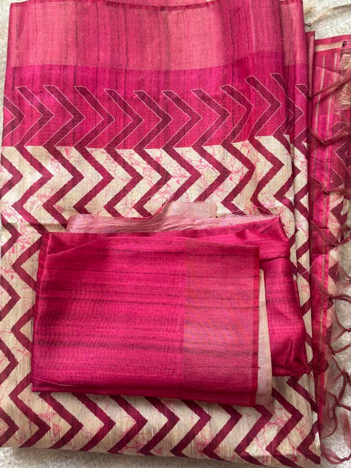 Pink & Off-White Tussar Silk Saree