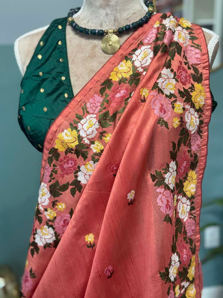 Coral Pure Tussar Silk