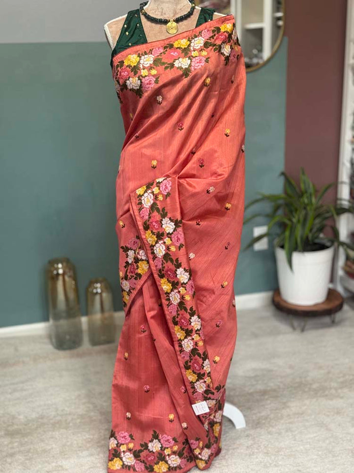 Coral Pure Tussar Silk