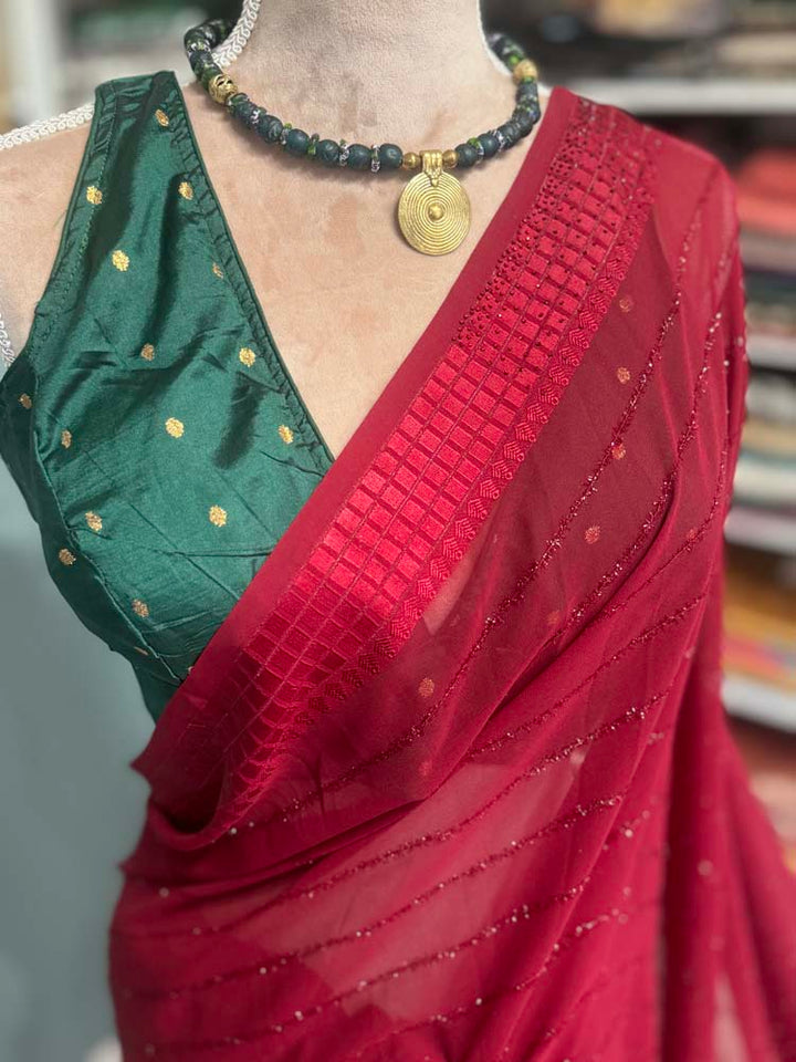 Maroon Semi Chiffon Saree with Crystals