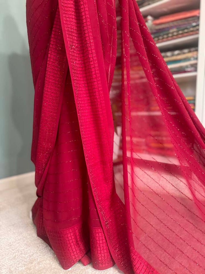 Maroon Semi Chiffon Saree with Crystals