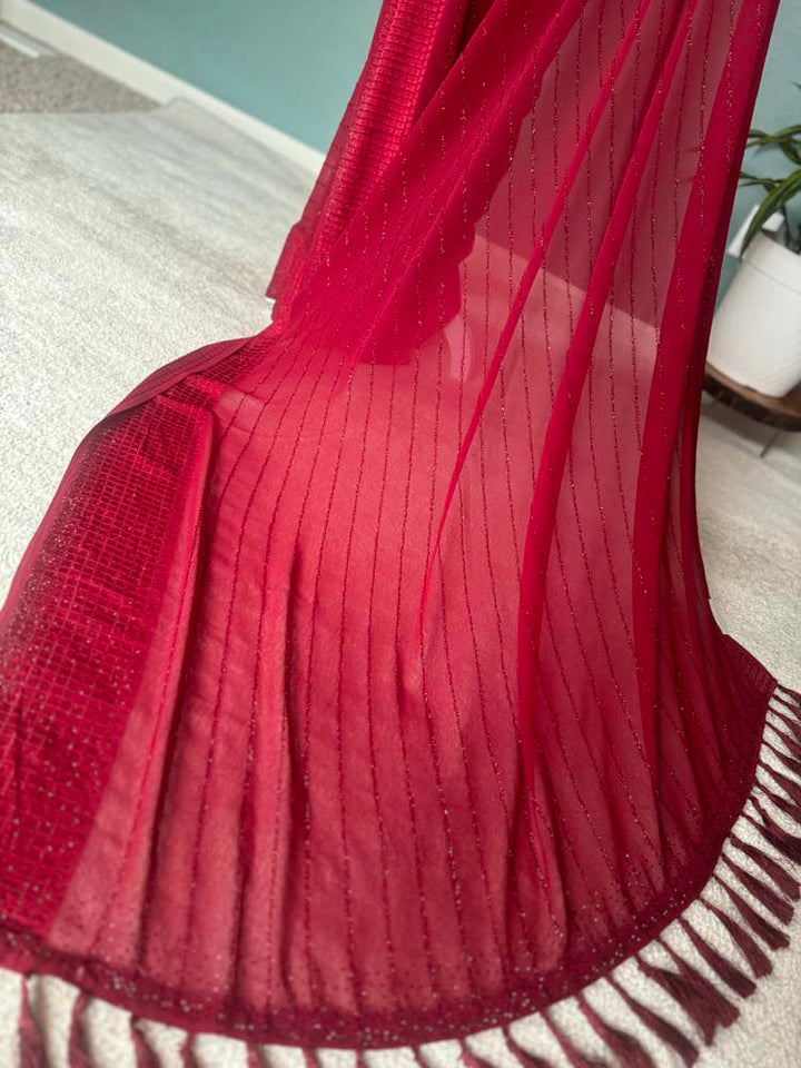 Maroon Semi Chiffon Saree with Crystals