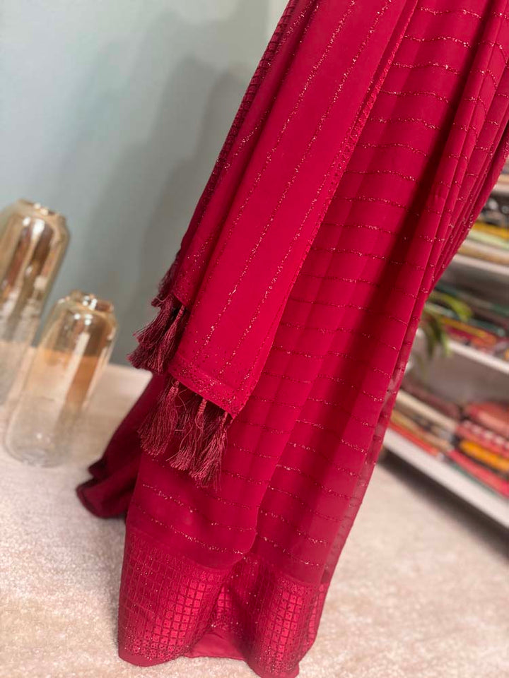 Maroon Semi Chiffon Saree with Crystals