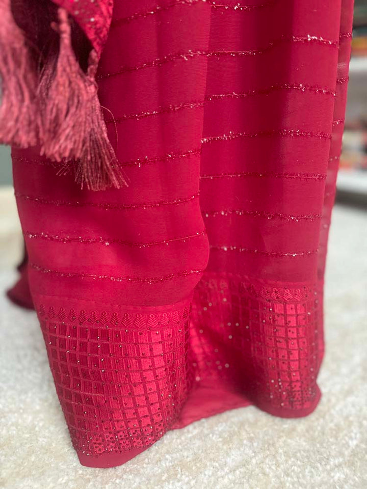 Maroon Semi Chiffon Saree with Crystals