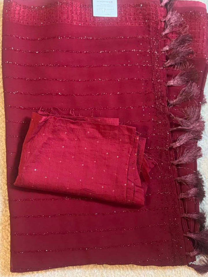 Maroon Semi Chiffon Saree with Crystals