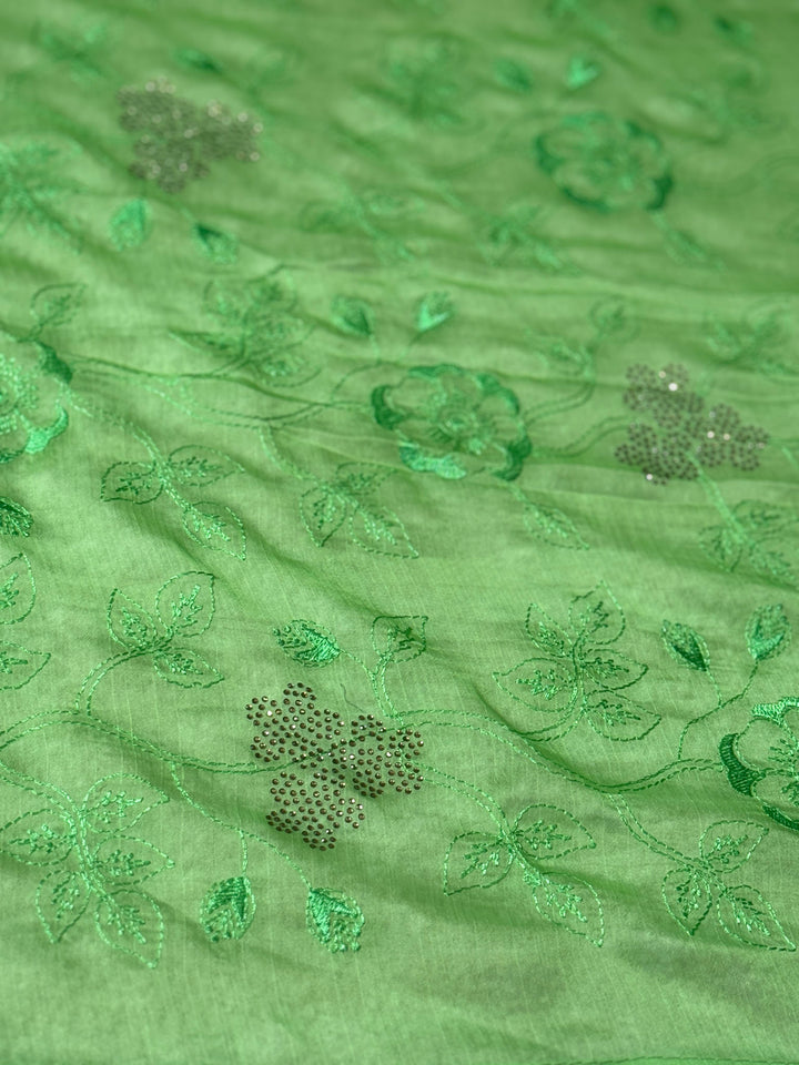Pista Green Semi Chiffon with crystals & embroidery