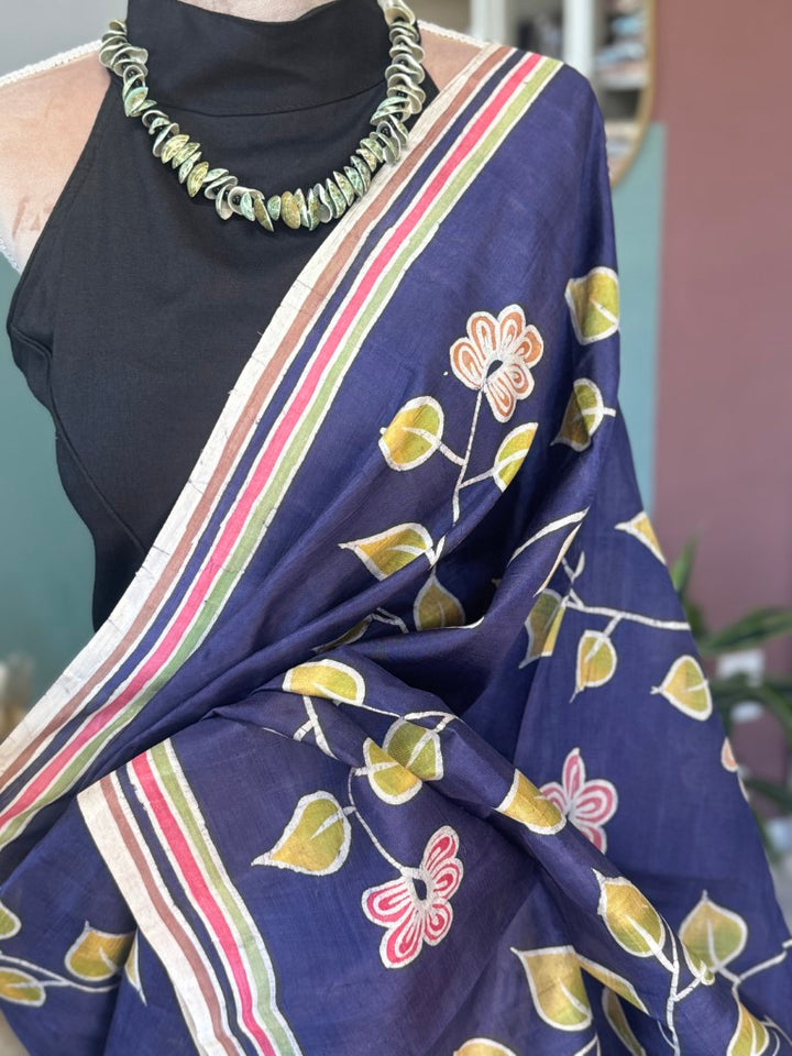 Blue Wax Dyed Pure Silk Batik Saree