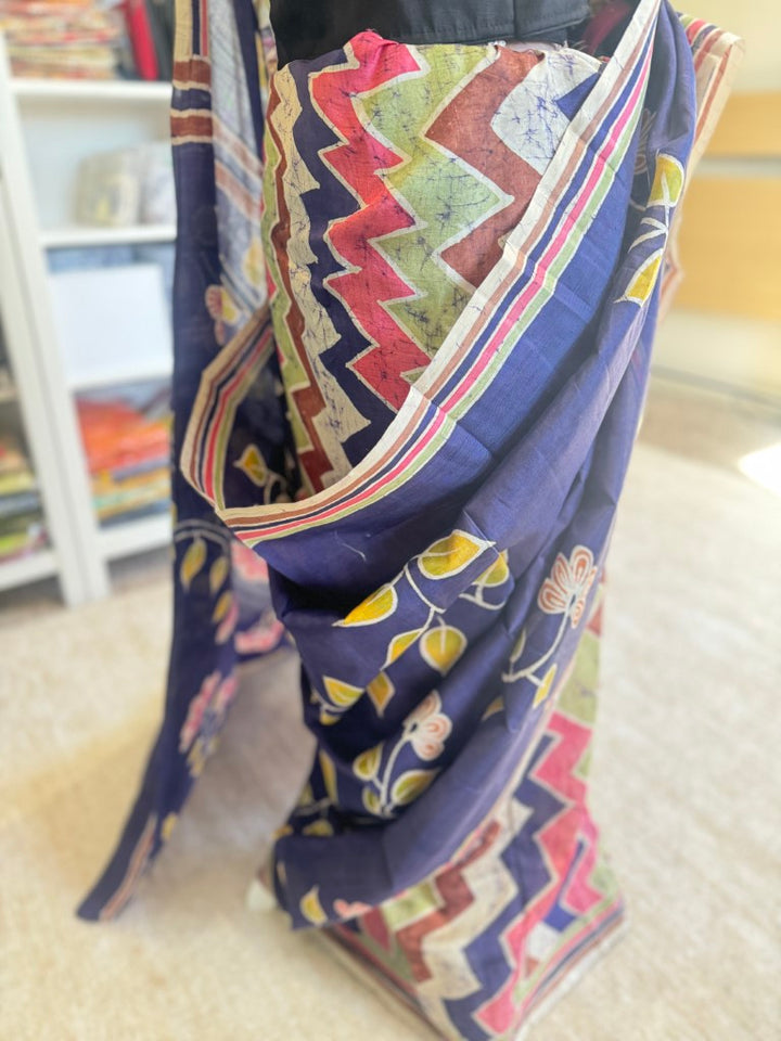 Blue Wax Dyed Pure Silk Batik Saree