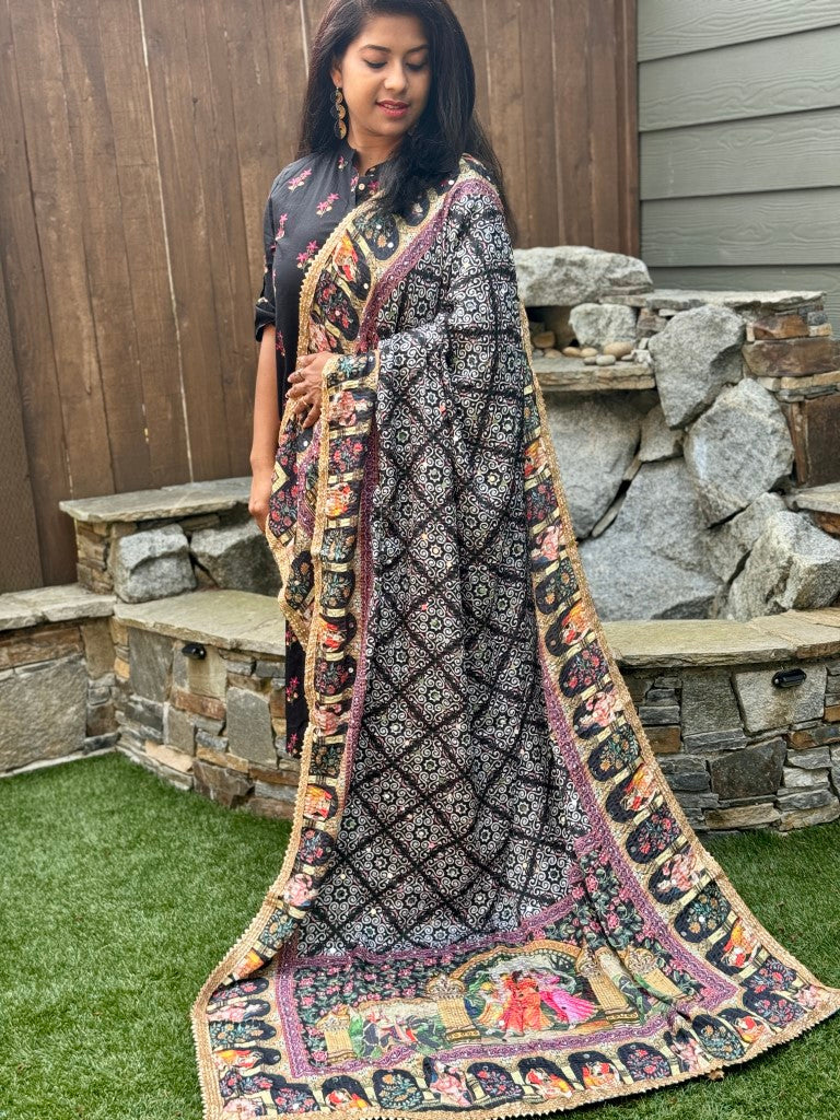 Black Pakistani Radhika Silk Stole w/ Mirror work