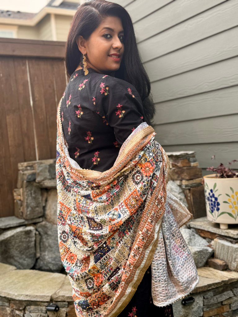 Cream Pakistani Anokhi Silk Stole w/ Mirror work