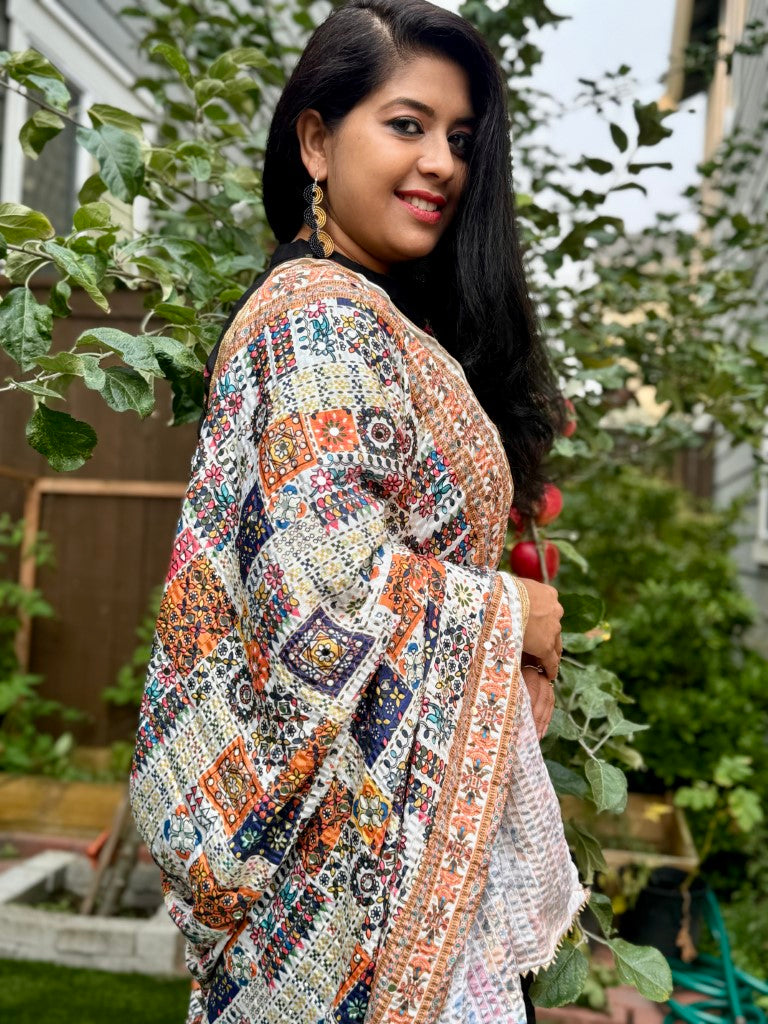 Cream Pakistani Anokhi Silk Stole w/ Mirror work