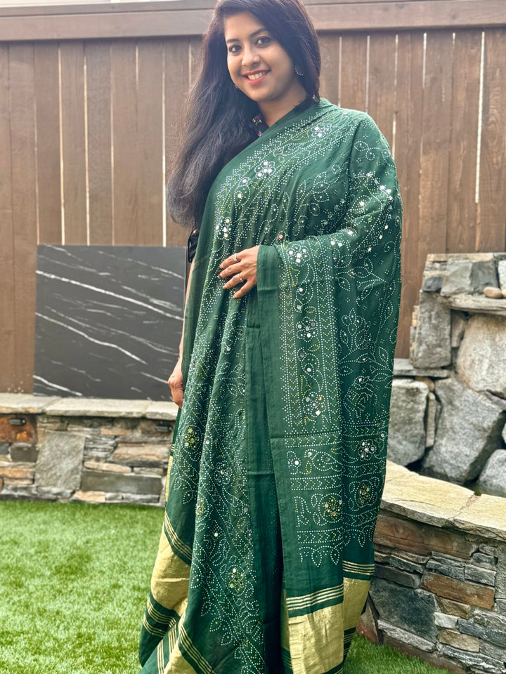 Green Bandhani Printed Stole w/ Mirror work
