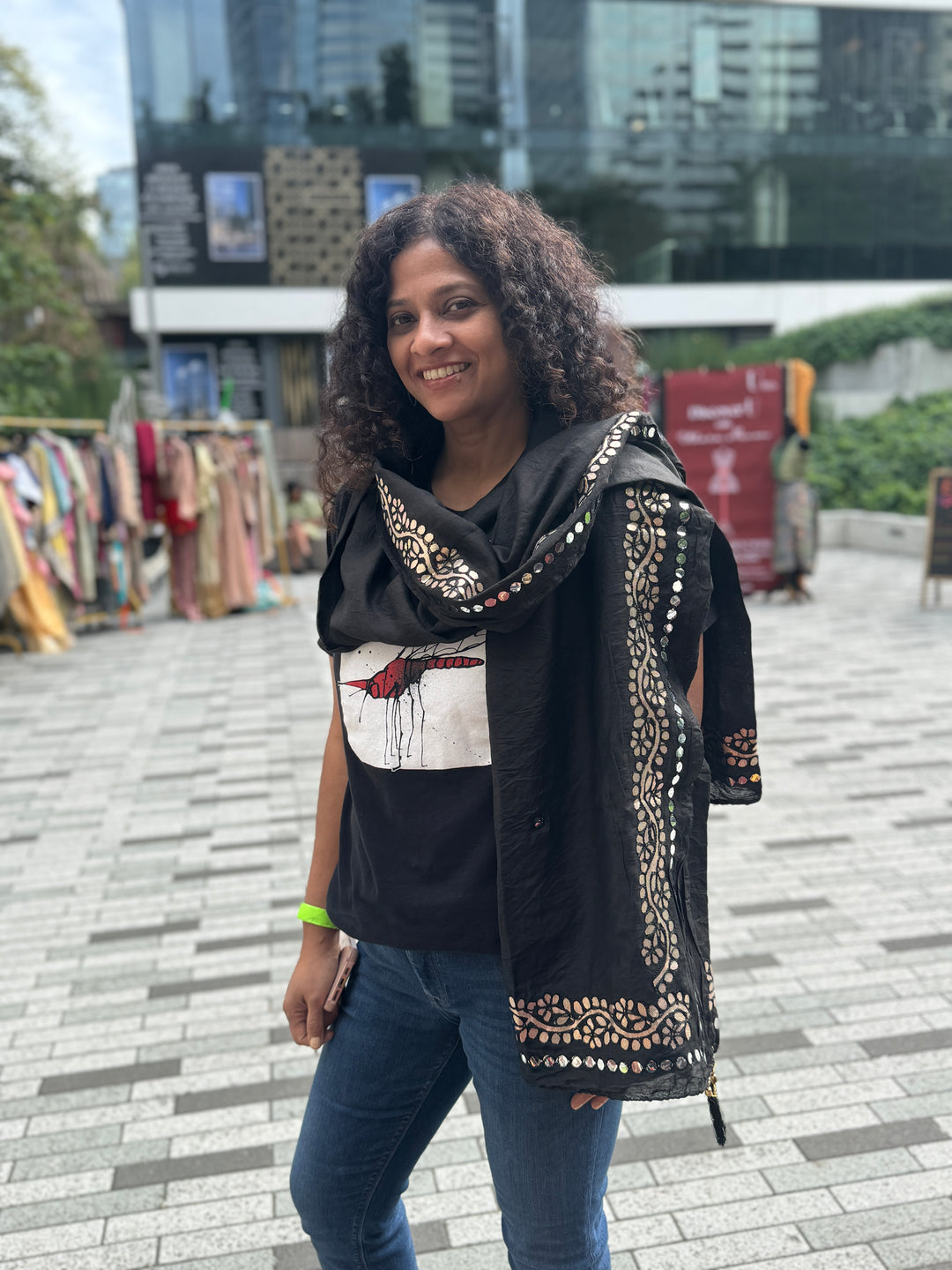 Black Cotton Stole w/ metallic embroidery